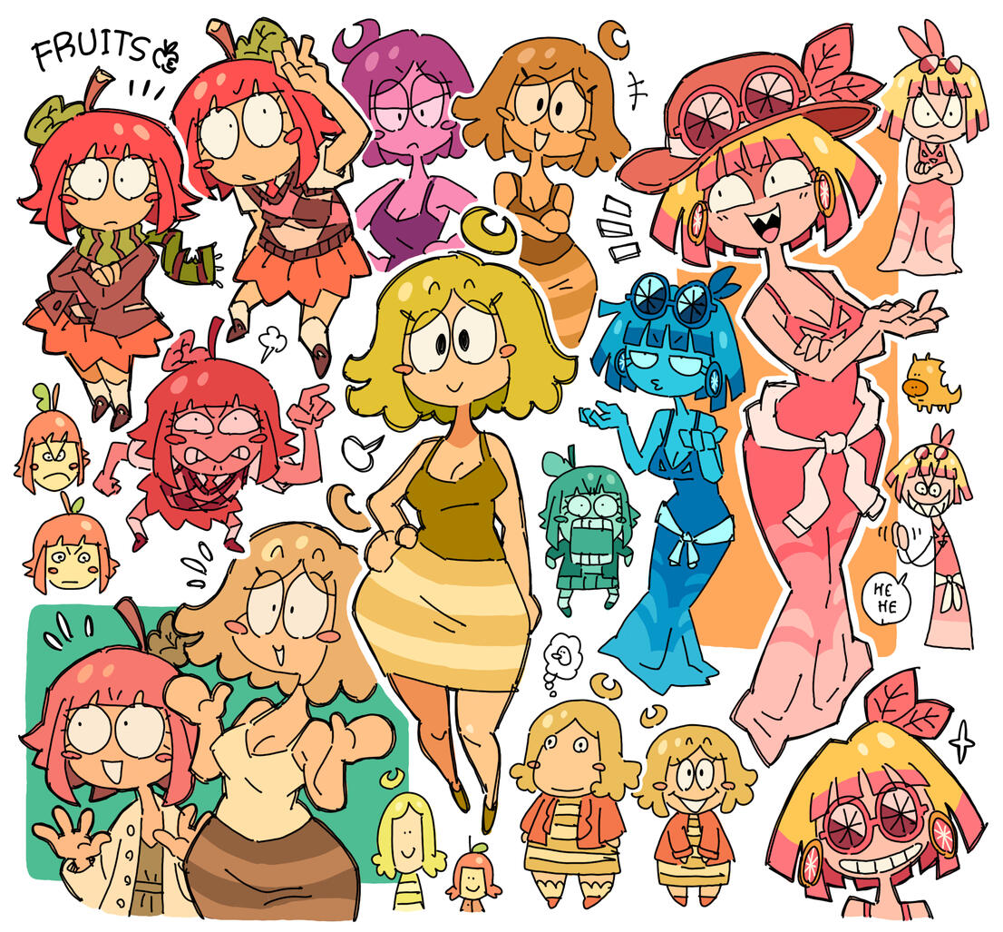 Drawings of Applesauce, Pear Salad, and Pink Lemonade from FRUIT SALAD