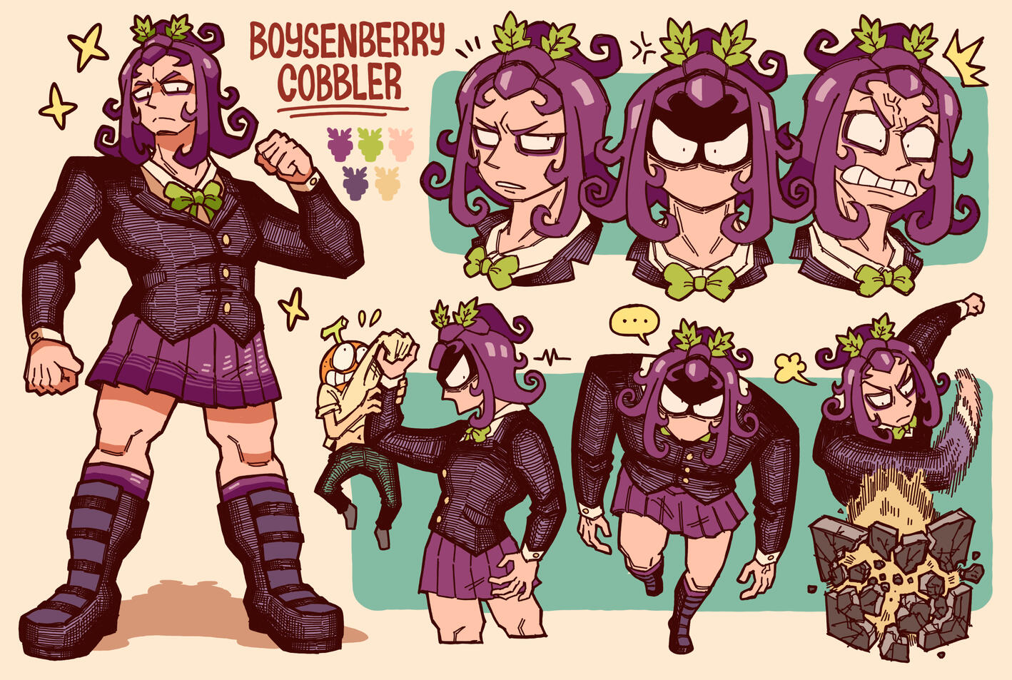 Character sheet for Boysenberry Cobbler, one of the villains of FRUIT SALAD Character sheet for Boysenberry Cobbler, one of the villains of FRUIT SALAD