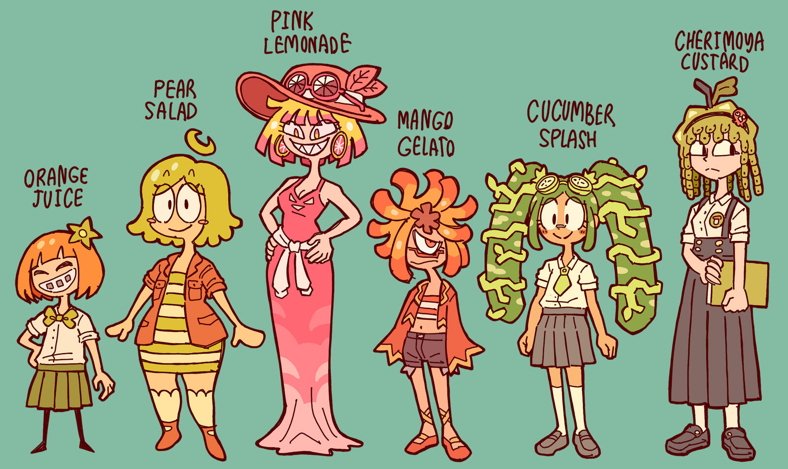 Lineup of some of the featured characters in FRUIT SALAD