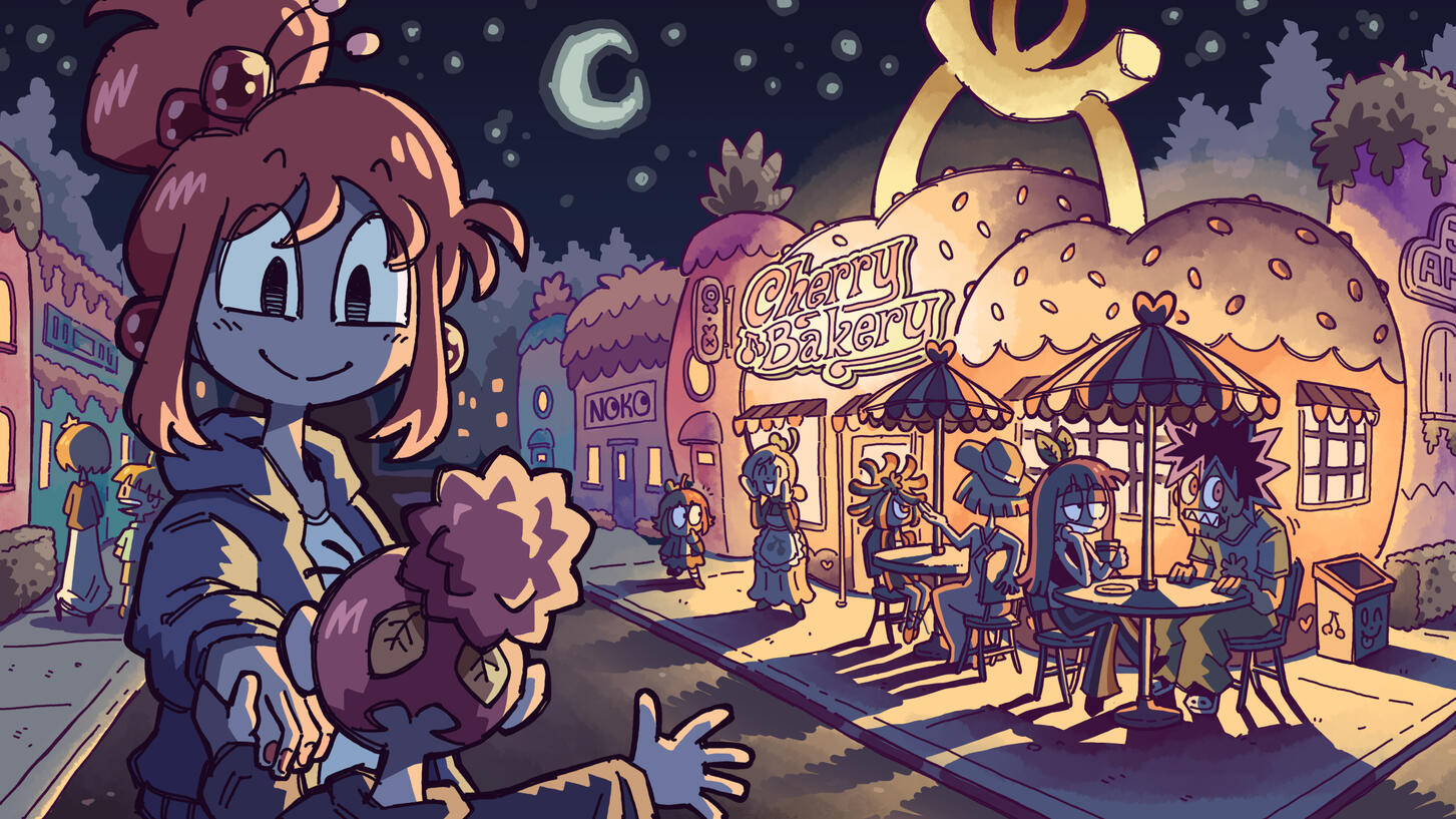 An exterior shot of Honeypluck Town during the nighttime