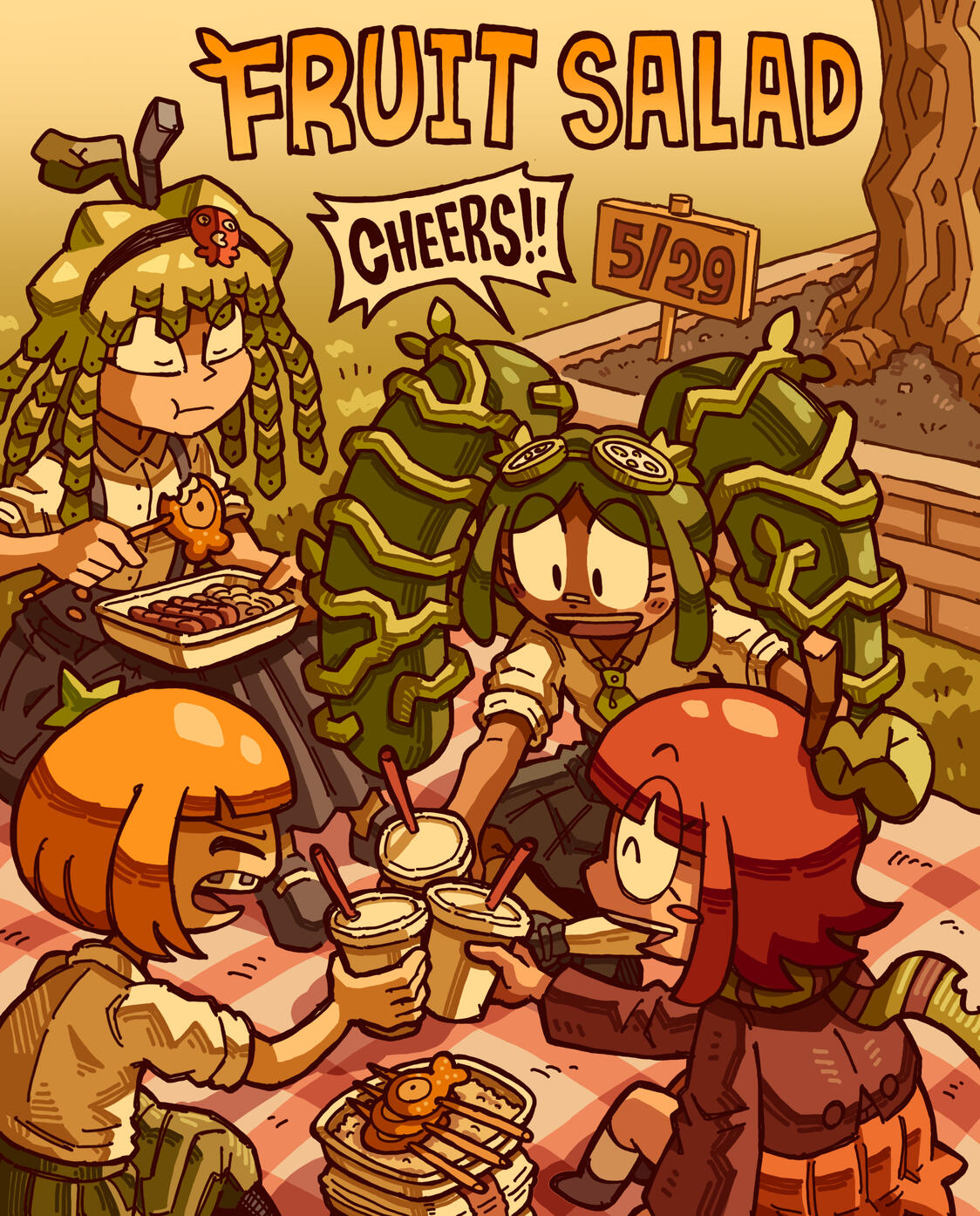 A few characters from FRUIT SALAD enjoying a picnic together