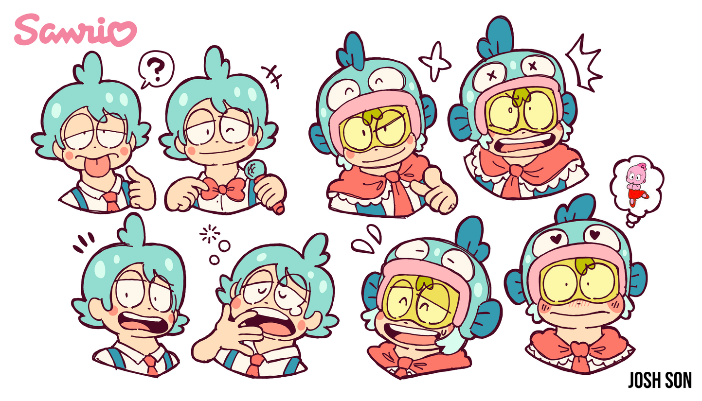 Expression sheet for Hangyodon from the "Sanrio Magicka" project
