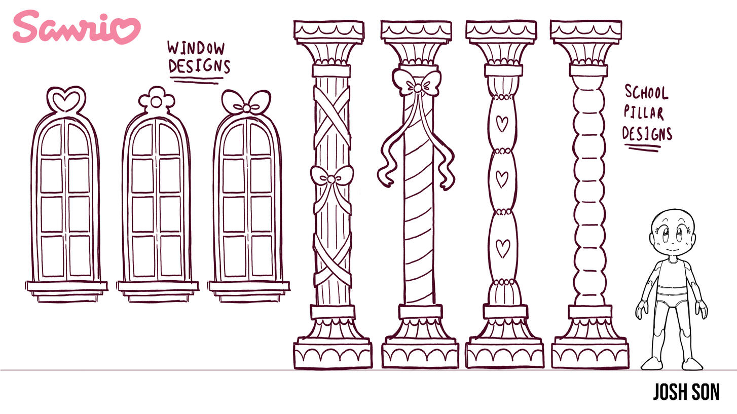 Concept sheet for pillars and windows of the Magical School of Kindness from the "Sanrio Magicka" project