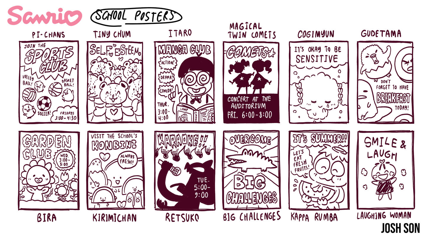 Concept sheet for school posters from the "Sanrio Magicka" project Concept sheet for school posters from the "Sanrio Magicka" project