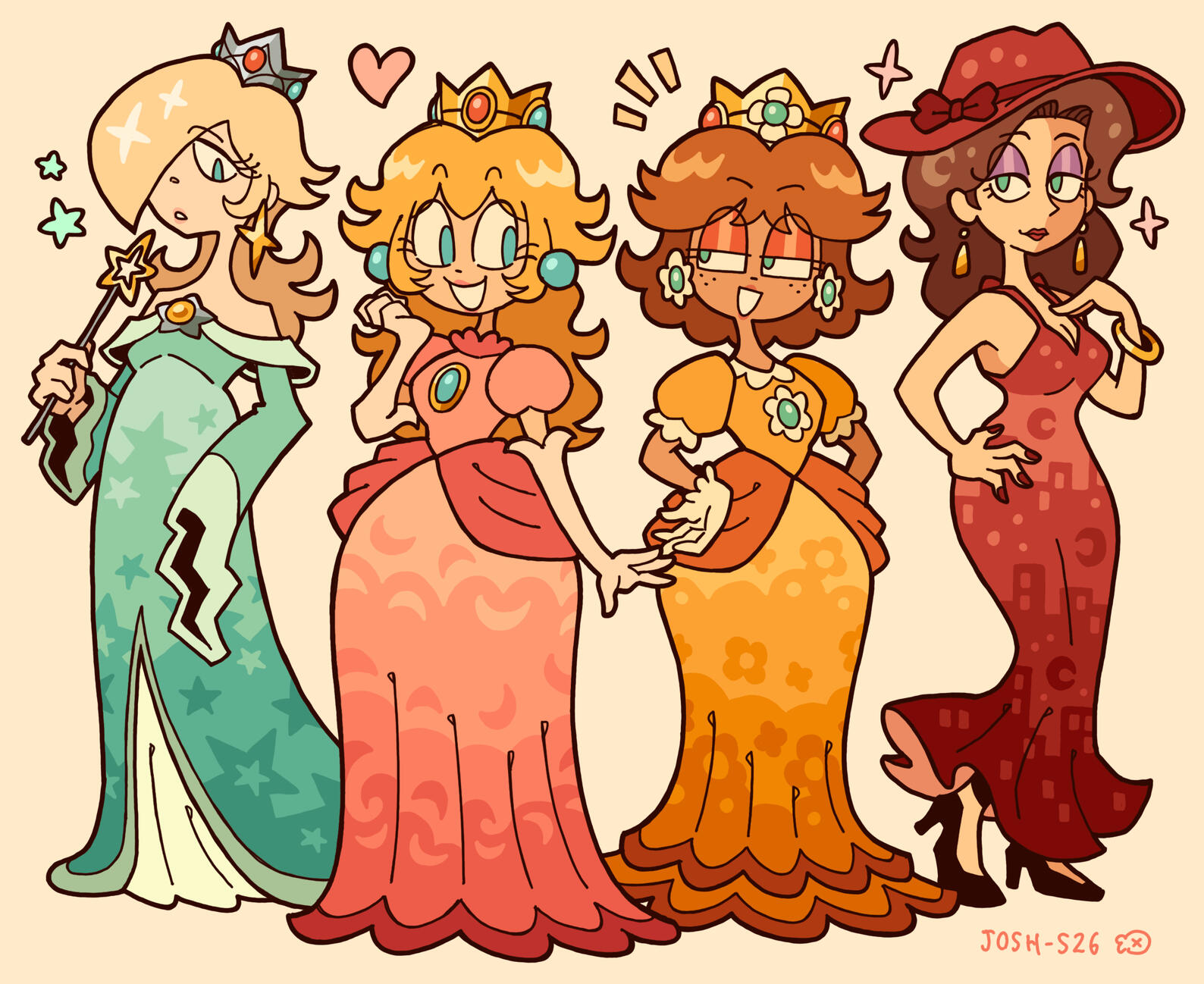 Illustration of Rosalina, Princess Peach, Princess Daisy, and Pauline from the "Super Mario" franchise