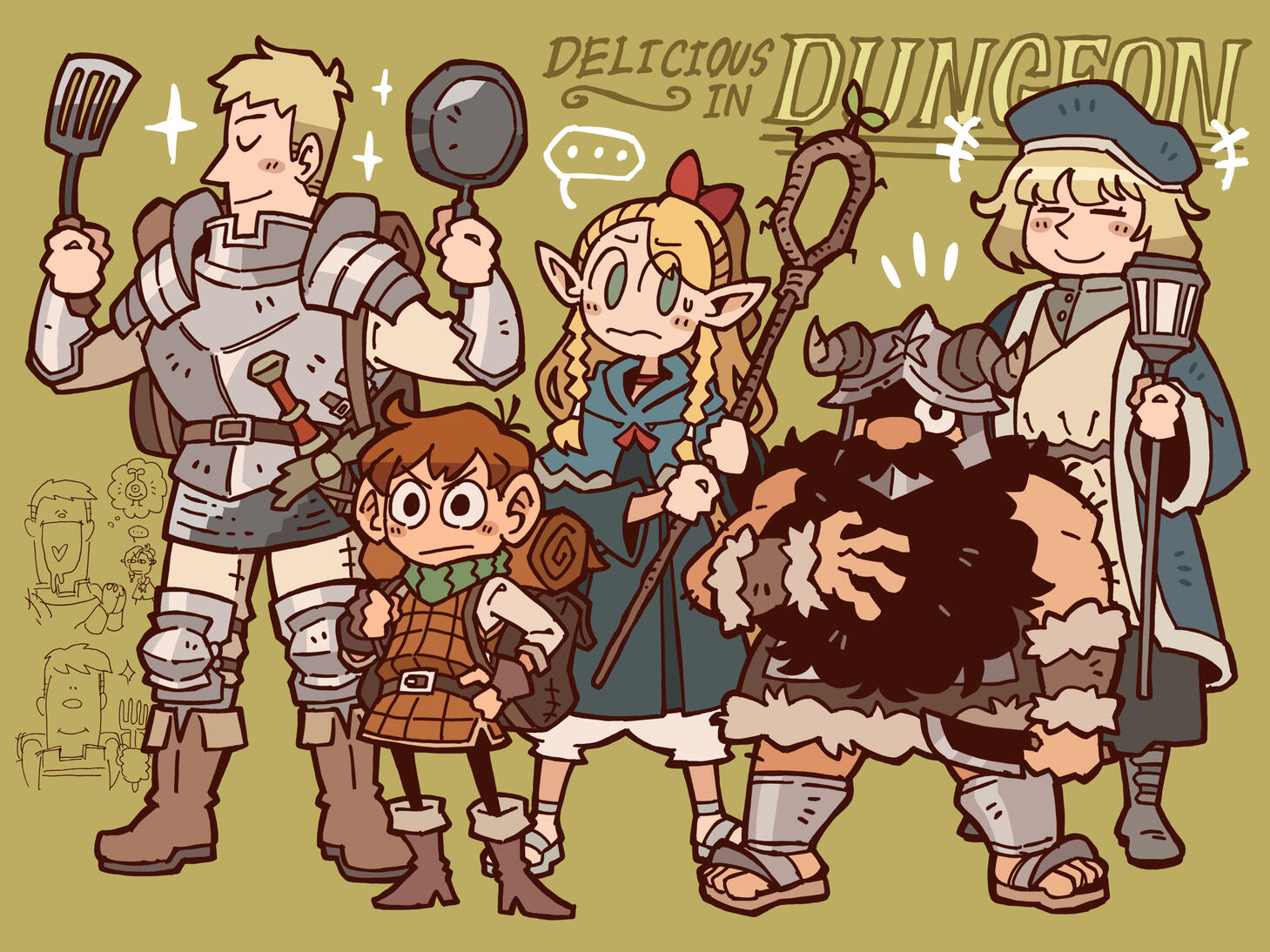 Illustration of the main cast from "Delicious in Dungeon" Illustration of the main cast from "Delicious in Dungeon"