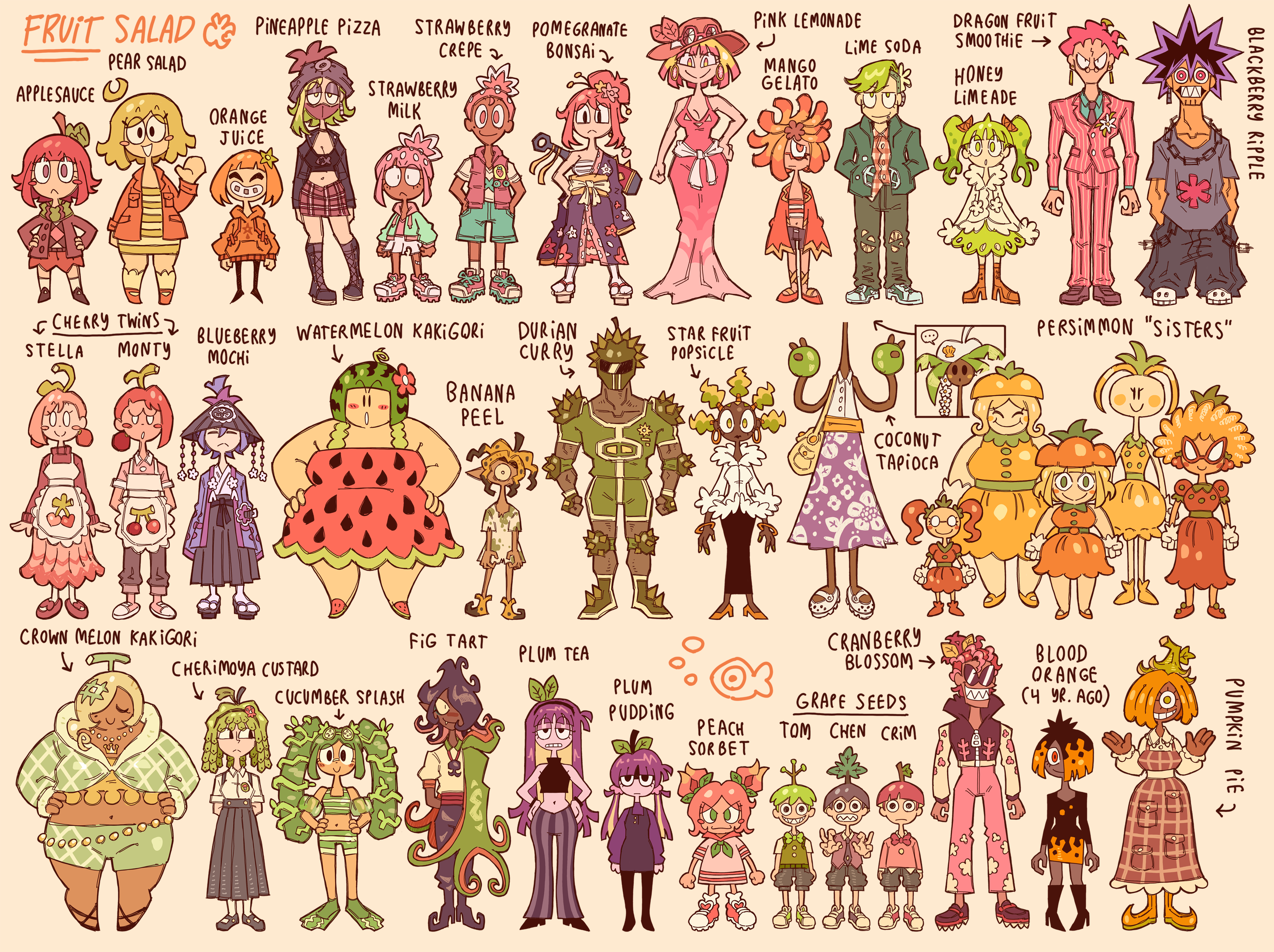 A lineup of many of the fruit-themed characters in FRUIT SALAD