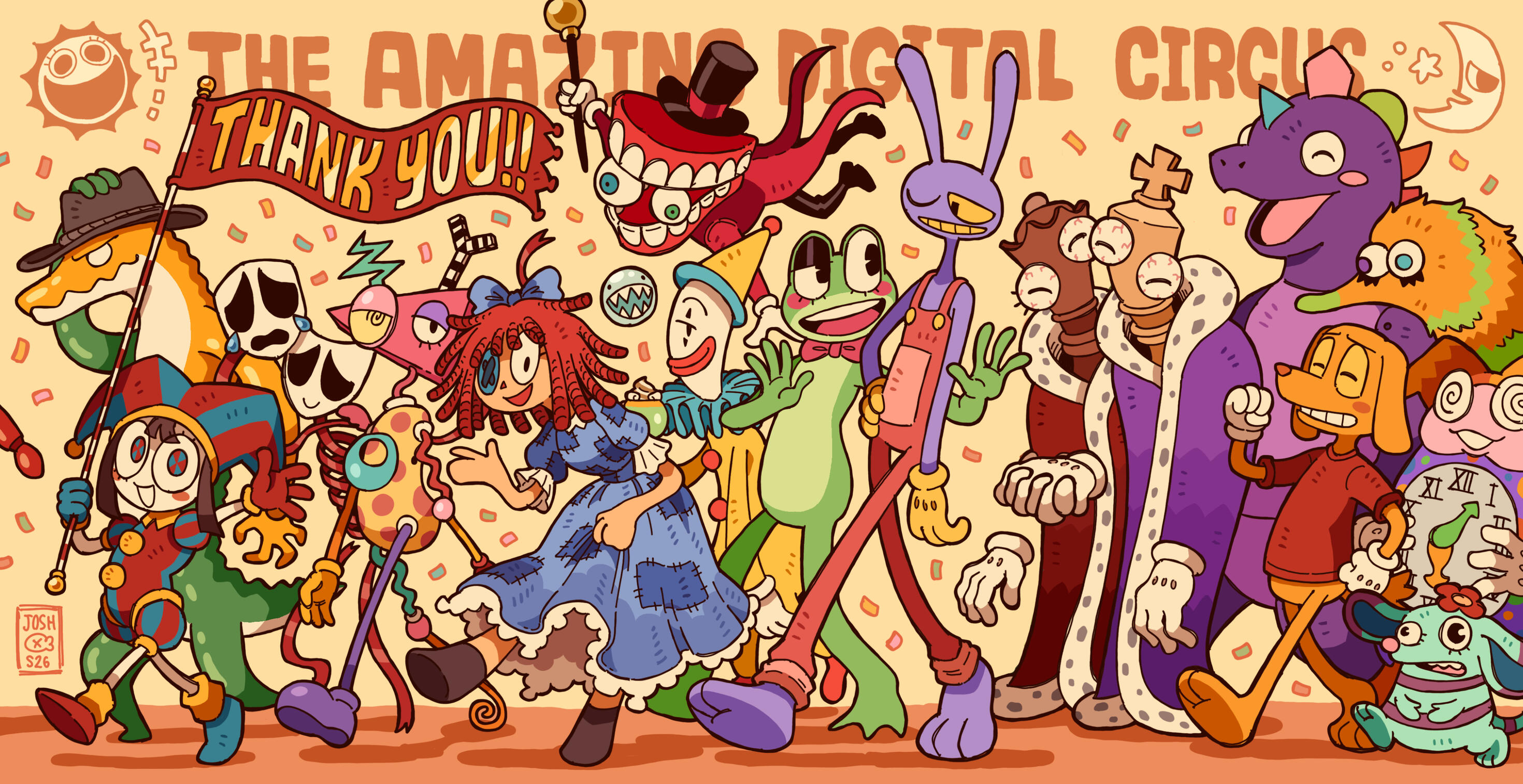 Illustration of the cast from "The Amazing Digital Circus" in celebration of its finale... and Jonesy
